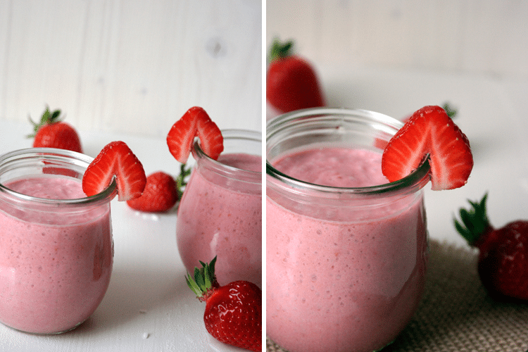 Kaltes Erdbeer-Kokos-Süppchen mit frischen Erdbeeren und Kokosmilch im Glas