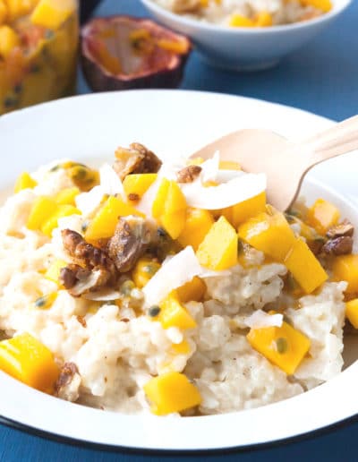 Milchreis Grundrezept + Mango-Maracuja-Obstsalat mit Walnuss-Crunch