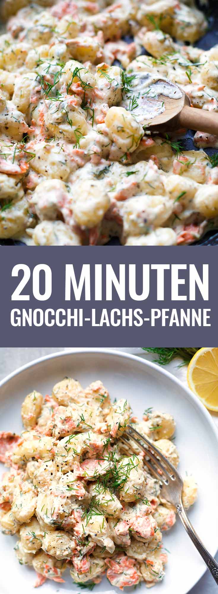 Gnocchi-Lachs-Pfanne mit Frischkäse-Sauce, dicken Räucherlachsstücken und Zitrone. Das Rezept ist super einfach, in 15 Minuten fertig und das perfekte Feierabendessen. Bonus: SO cremig!