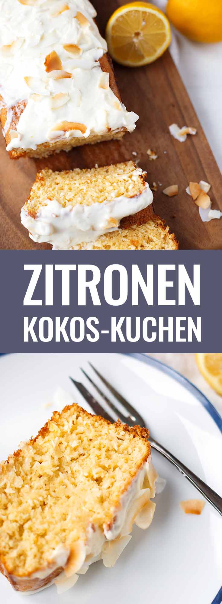 Zitronen-Kokos-Kuchen mit zitronigem Creme Fraiche-Topping. Dieses einfache Rezept ist herrlich saftig, zitronig und kokosnussig. SO lecker! - Kochkarussell.com #kuchen #zitronenkuchen #kokos #backen