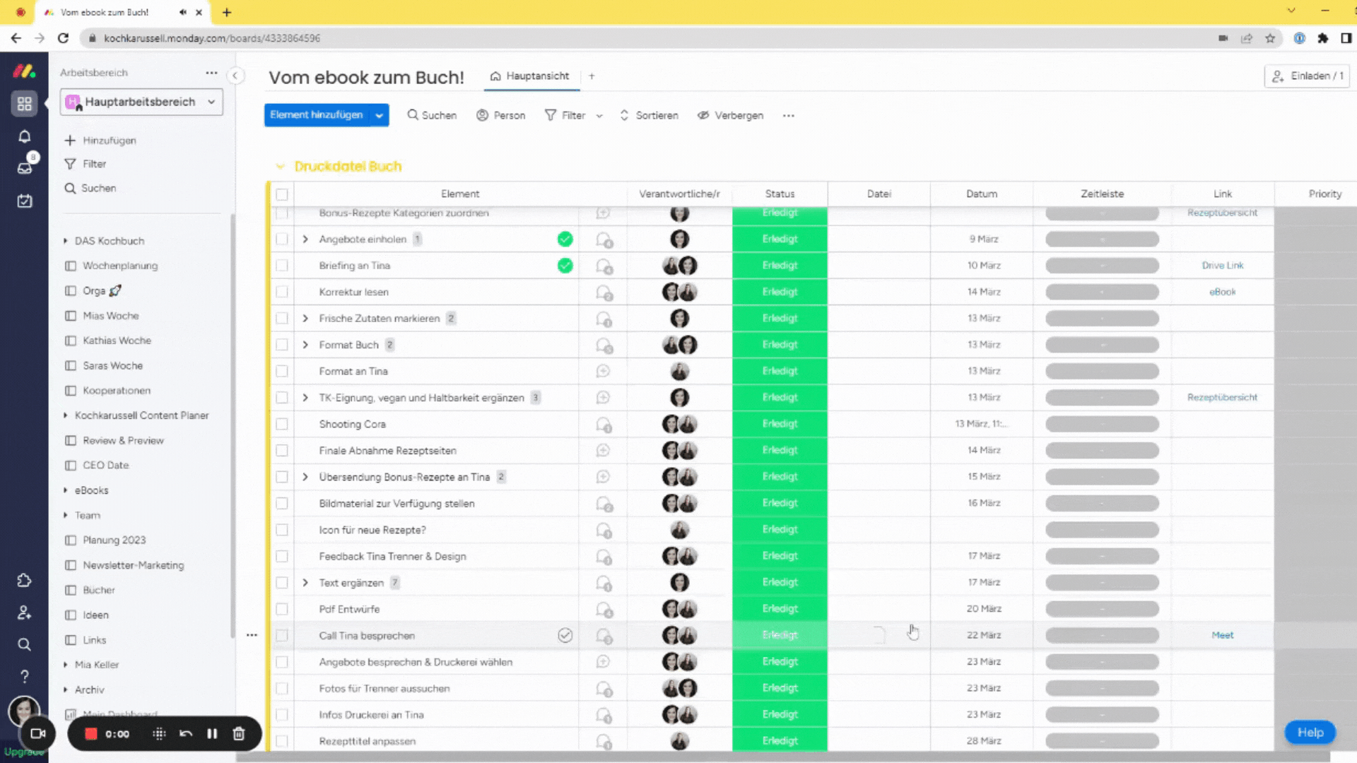 Die To Do Liste für das Kochbuch in dem Projektmanagement Tool Monday.