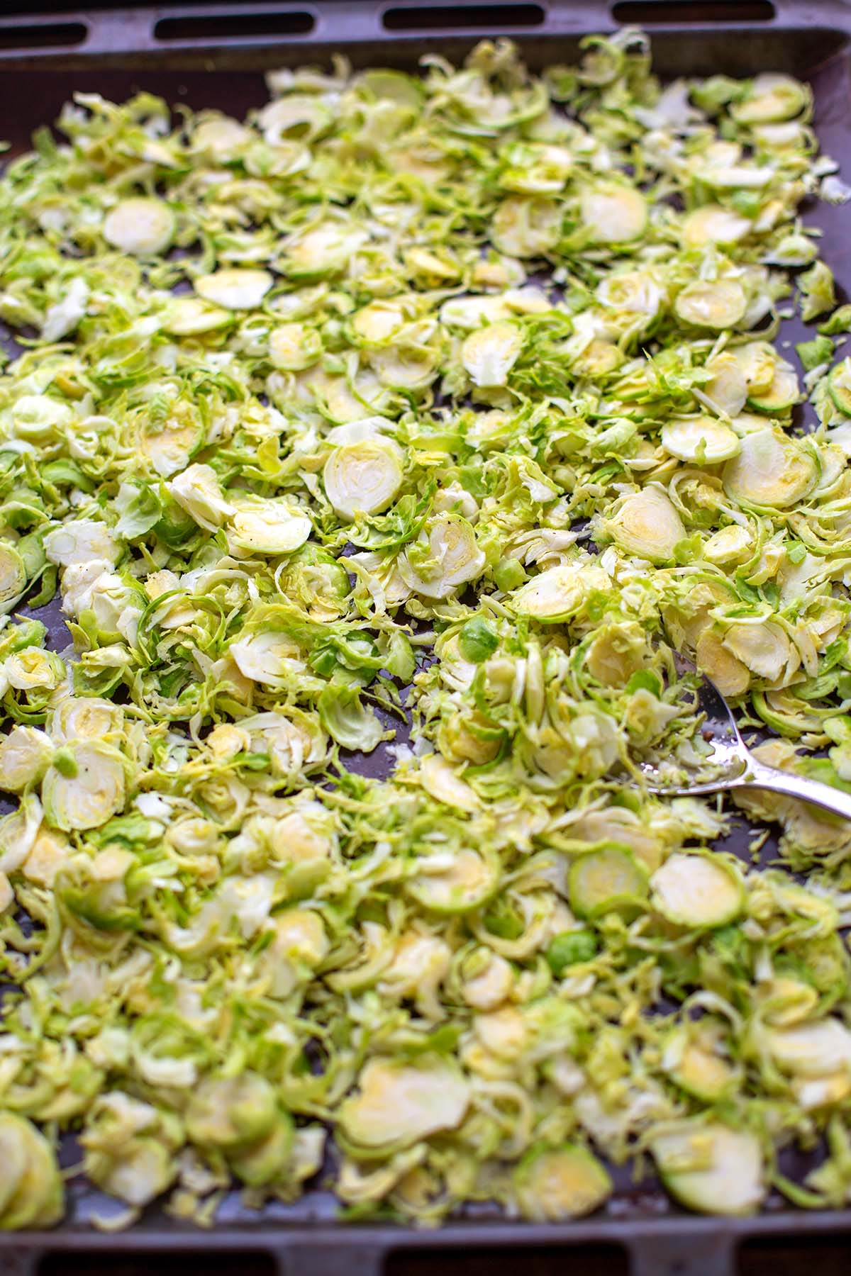 Ein Blech mit gehobeltem Rosenkohl, Olivenöl, Salz und Pfeffer