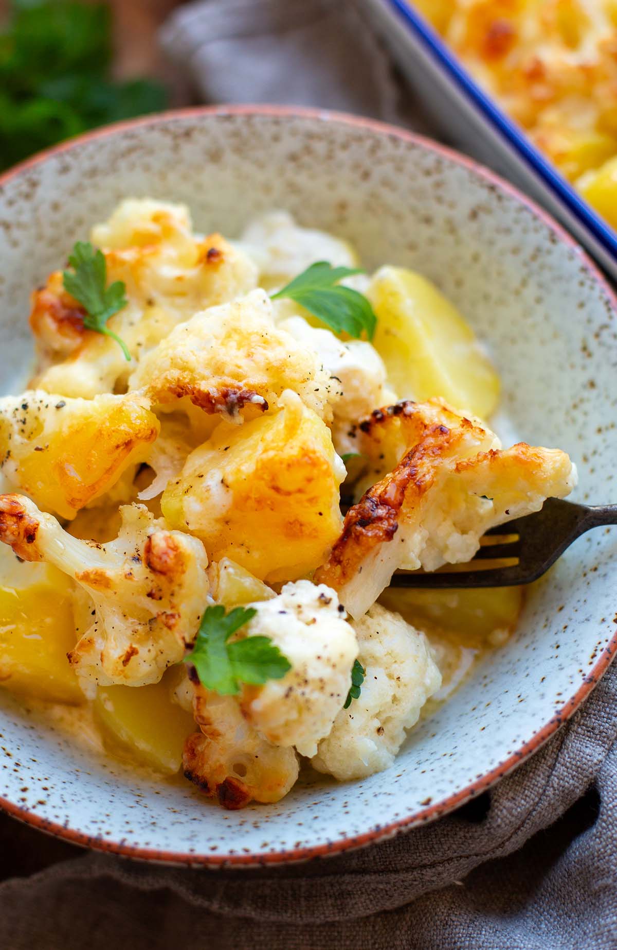 Eine Portion Blumenkohl-Auflauf mit Kartoffeln auf einem gesprenkelten Steingut Teller.