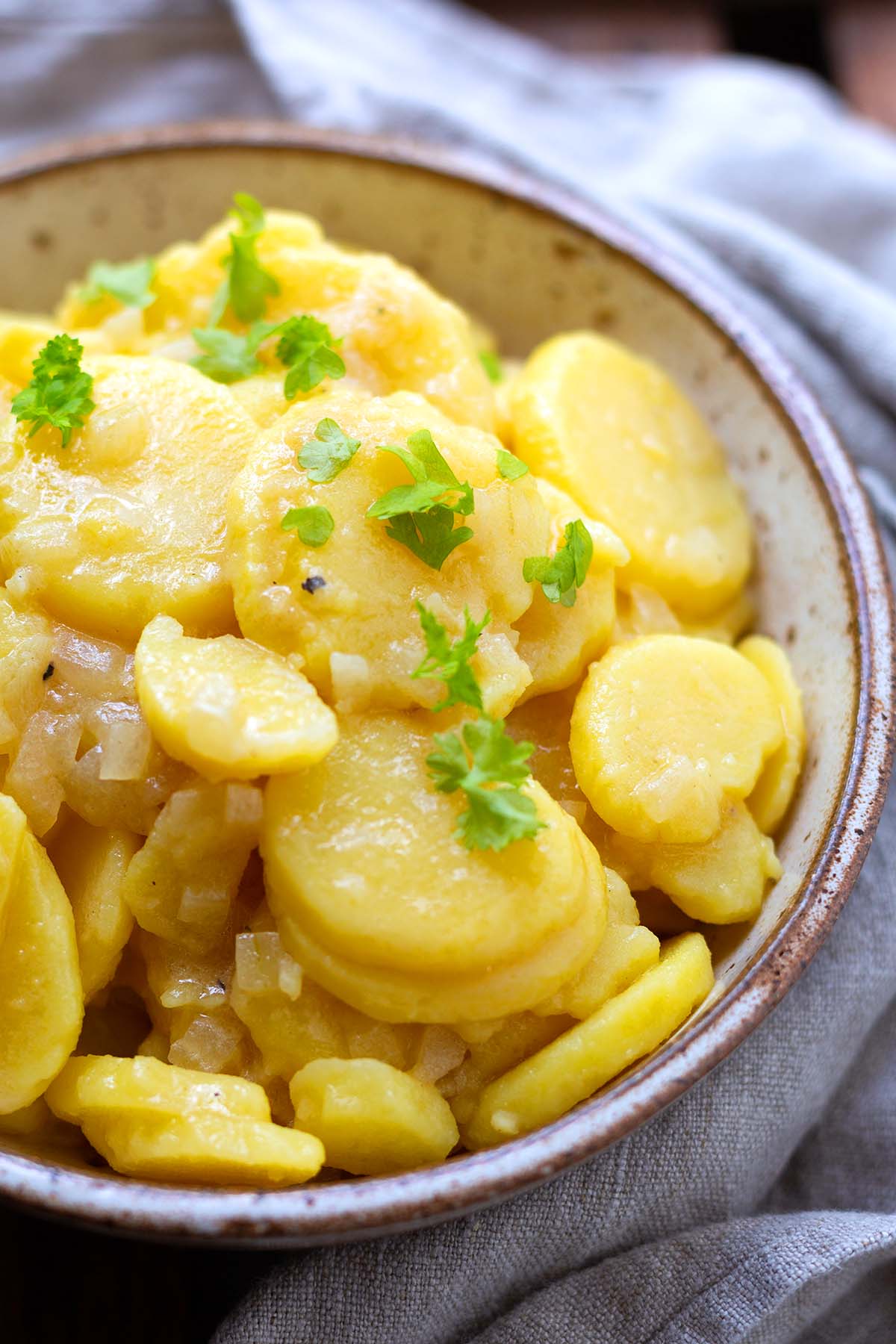 Fertiger Kartoffelsalat ohne Mayo angerichtet in einem tiefen Teller, garniert mit Petersilie.