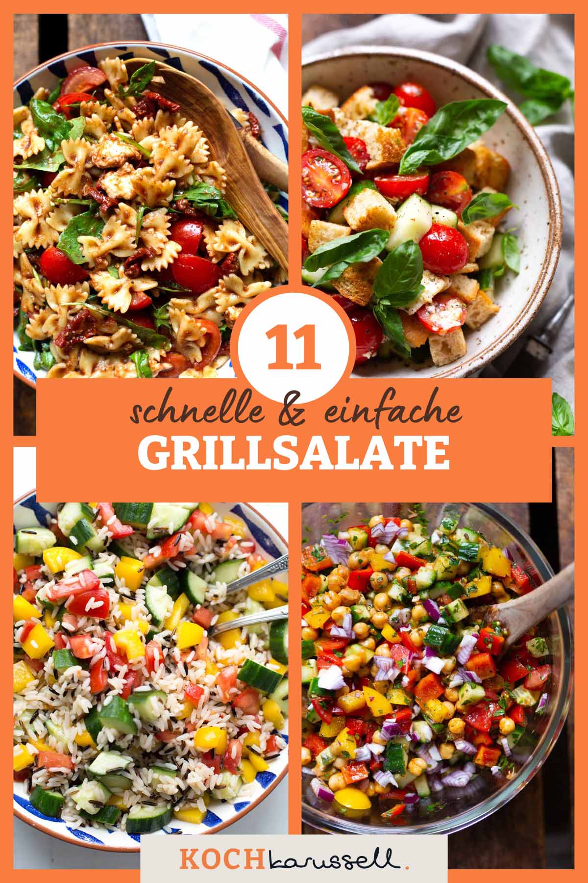 Collage von vier verschiedenen Grillsalat-Rezepten mit der Überschrift "11 schnelle & einfache Grillsalate".