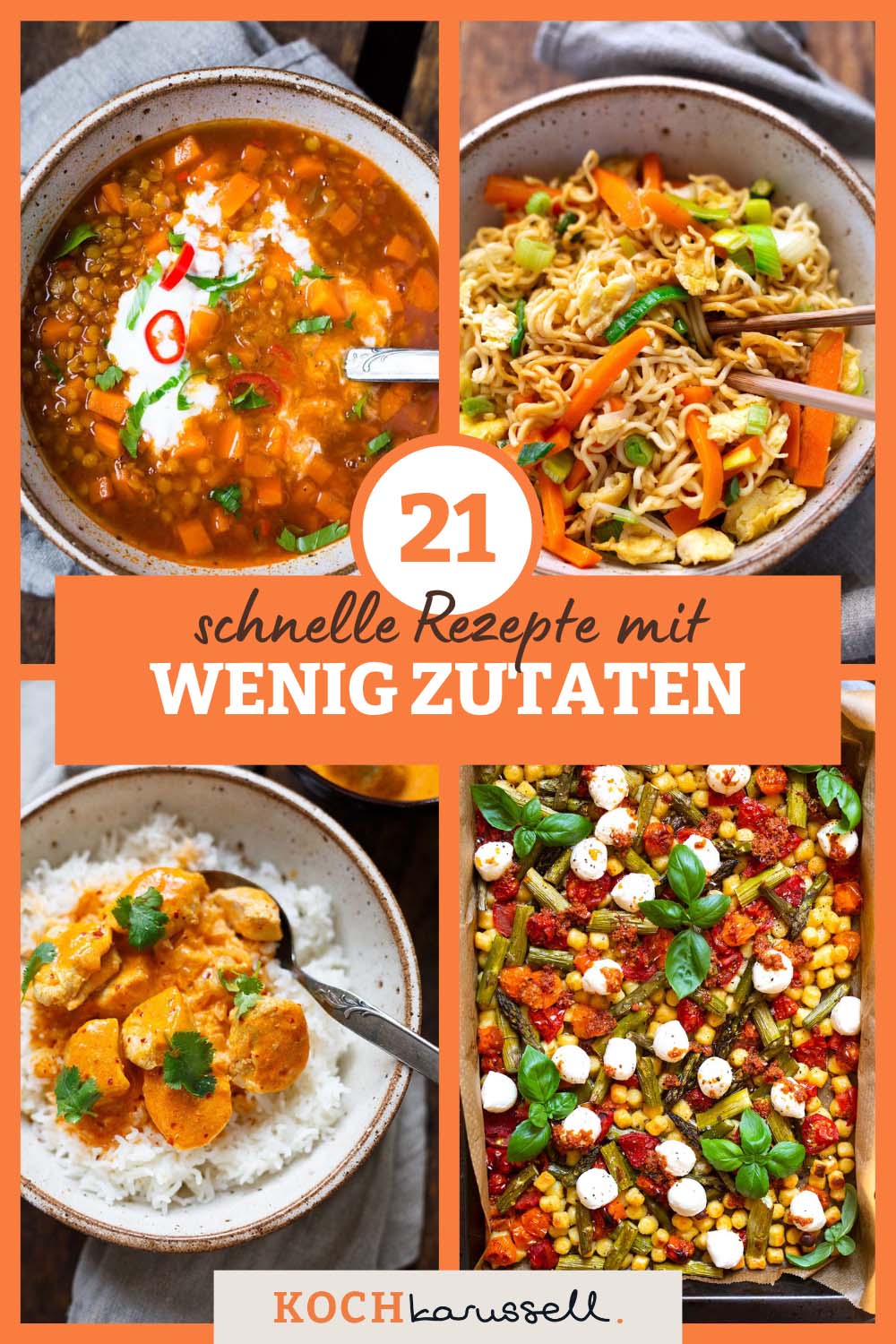 Schnelle Rezepte mit wenig Zutaten Übersicht mit 4 Rezeptbildern, Text und Kochkarussell Foodblog Logo