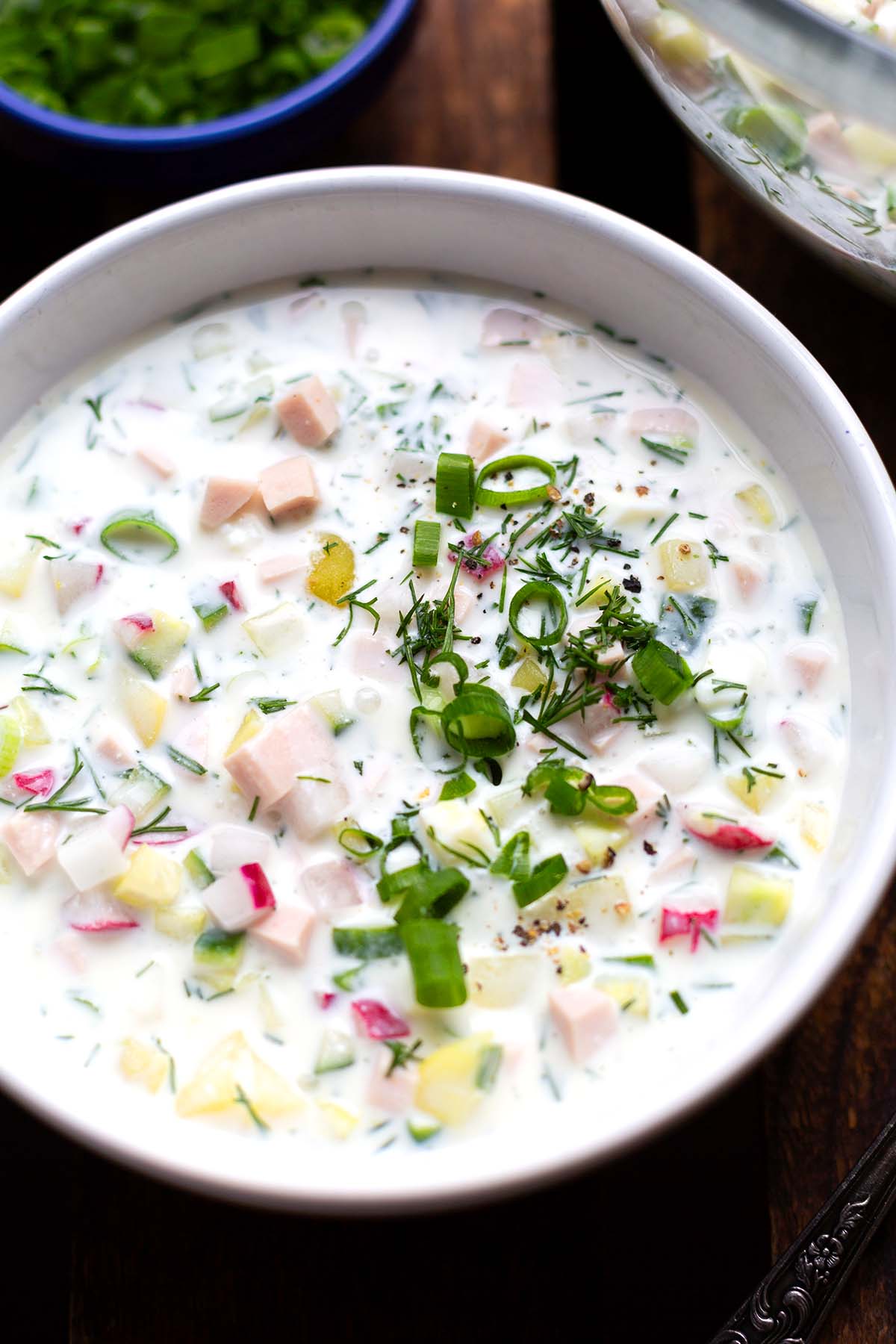 Okroschka in einer Schüssel mit Fleischwurst, Kartoffeln, Ei und Radieschen. Getoppt mit Frühlingszwiebeln und Dill.