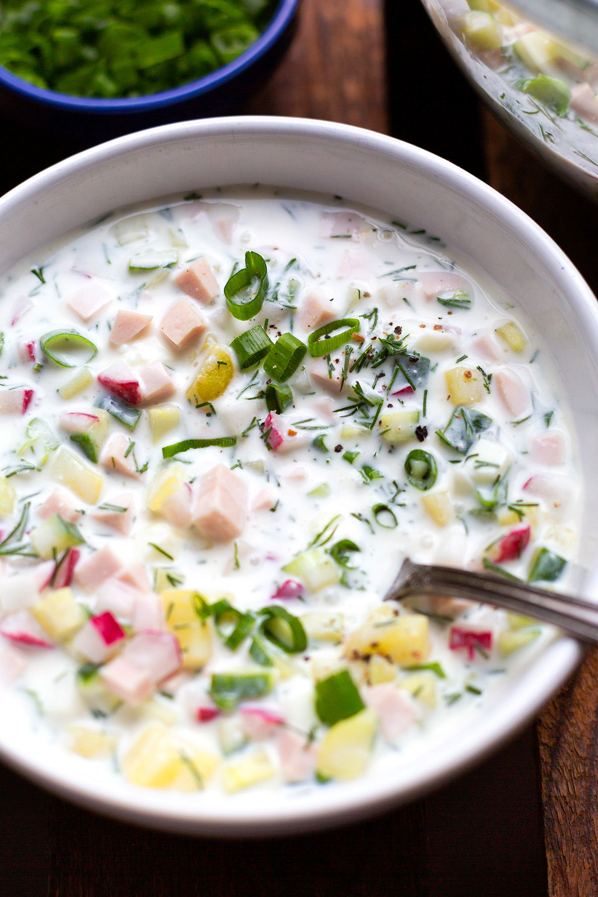 Okroschka in einer Schüssel mit Fleischwurst, Kartoffeln, Ei und Radieschen. Getoppt mit Frühlingszwiebeln und Dill.
